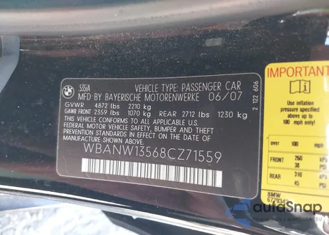 2008 BMW 535I z USA, uszkodzony, nr VIN WBANW13568CZ71559